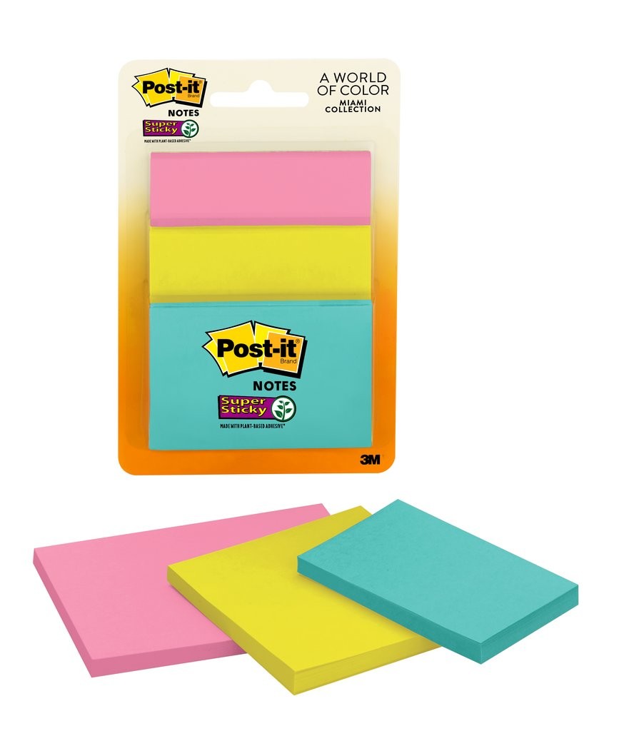 Post It® Super Sticky Notes 3432 Ssmia Assorted Sizes Miami Collection 3 Padspack 45 Sheets 1568