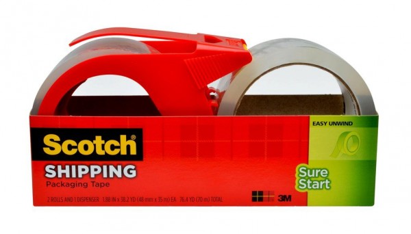 Scotch® Sure Start Shipping Packaging Tape 3450S-2-1RD, 1.88 in x 38.2 yd (48 mm x 35 m), 2 rolls and 1 dispenser