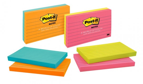 Post-it® Notes 635-2PKCT-L, 3 in x 5 in (76 mm x 127 mm), Asst. Cape Town Colors, Mixed Case, Lined, 2 Pads/Pack, 100 Sheets/Pad