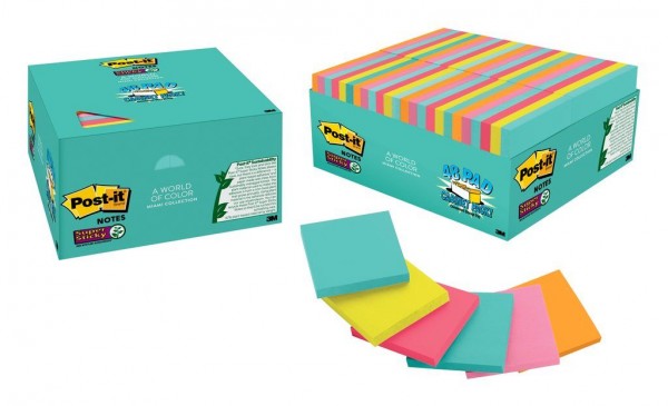 Post-it® Super Sticky Notes 654-48SSMIA-CP, 3 in x 3 in (76 mm x 76 mm), Miami Collection, 48 Pads/Pack, 70 Sheets/Pad