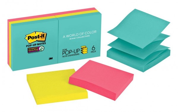 Post-it® Super Sticky Pop-up Notes R330-6SSMIA, 3 in x 3 in (76 mm x 76 mm), Miami collection, 6 Pads/Pack, 90 Sheets/Pad