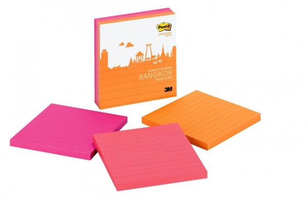 Post-it® Super Sticky Notes 675-3SSBK, 4 in x 4 in (101 mm x 101 mm)Bangkok Color Collection, Lined, 4 in x 4 in, 3 Pads/Pack, 70 Sheets/Pad