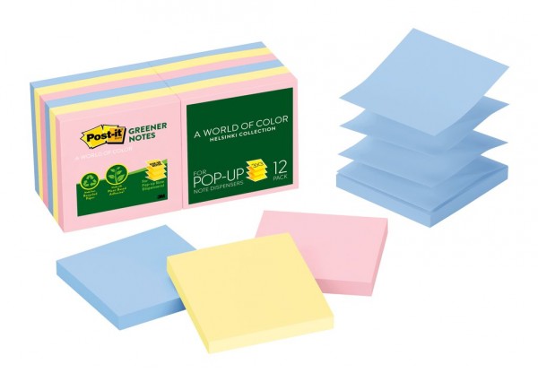 Post-it® Greener Pop-up Notes R330RP-12AP, 3 in x 3 in, Helsinki Collection, 100 Sheets/Pad, 12 Pads/Pack