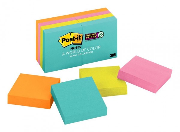 Post-it® Super Sticky Notes 622-8SSMIA, 1 7/8 in x 1 7/8 in (47,6 mm x 47,6 mm), Miami Collection, 8 Pads/Pack, 90 Sheets/Pad