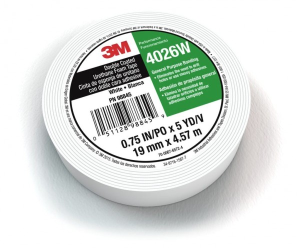3M™ Double Coated Urethane Foam Tape 4026W, 1/2 in x  5 yd x  1/25 in, 12 rolls per case