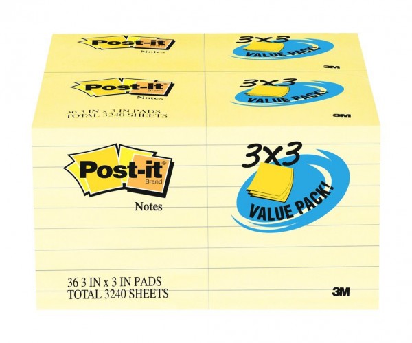 Post-it® 654-36VAD90, 3 in x 3 in (76 mm x 76 mm) Canary Yellow