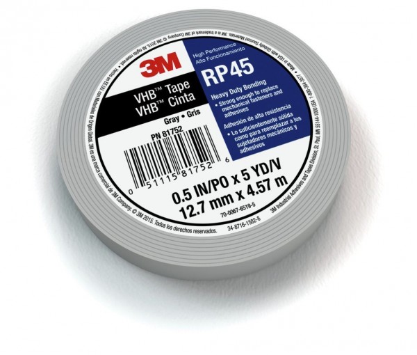 3M™ VHB™ Tape RP45 Gray, 1/2 in x 5 yd x 1/25 in, 12 per case