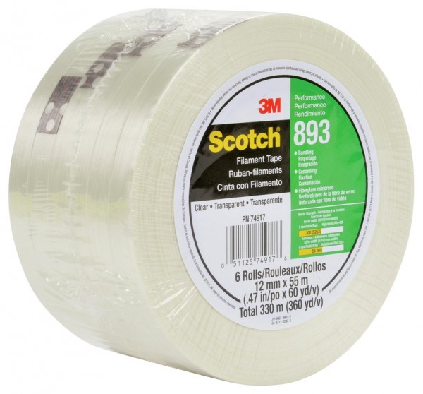 Scotch® Filament Tape 893 Clear, 305 mm x 55 m, 1 roll per case