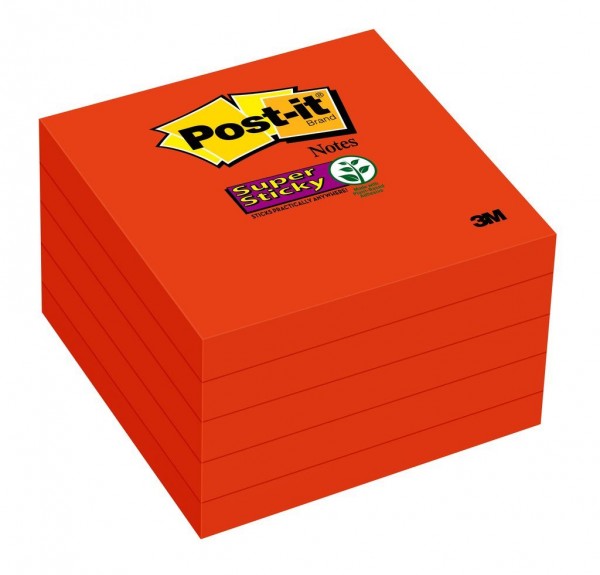 Post-it® Super Sticky Notes 654-5SSRR, 3 in x 3 in (76 mm x 76 mm), Saffron