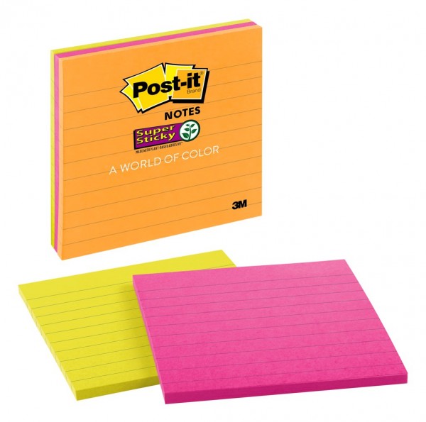 Post-it® Super Sticky Notes 4445-3SSMX, 4 in x 4 in (101 mm x 101 mm), Marrakesh and Rio de Janeiro Collections, Assorted Colors, Lined, 3 Pads/Pack