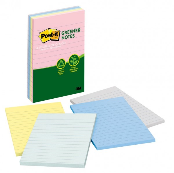 Post-it® Greener Notes 5428-AP, 4 in x 6 in (101 mm x 152 mm) Helsinki Collection, Lined, 5 Pads/Pack
