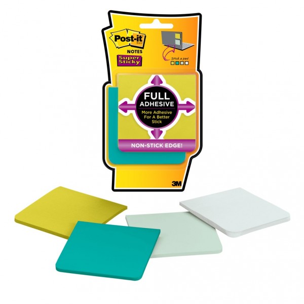 Post-it® Super Sticky Full Adhesive Notes F330-4SSFM Bora Bora Collection, 25 Sheets/Pad, 4 Pads/Pack