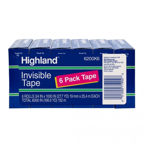 Highland™ Invisible Tape, 6200K6, 3/4 in x 1000 in (19 mm x 25,4 m) 6 Pack