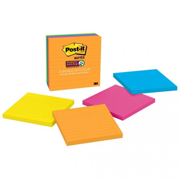 Post-it® Super Sticky Notes 675-4SSUC, 4 in x 4 in (101 mm x 101 mm) Rio de Janeiro Collection, Lined , 4 Pads/Pk