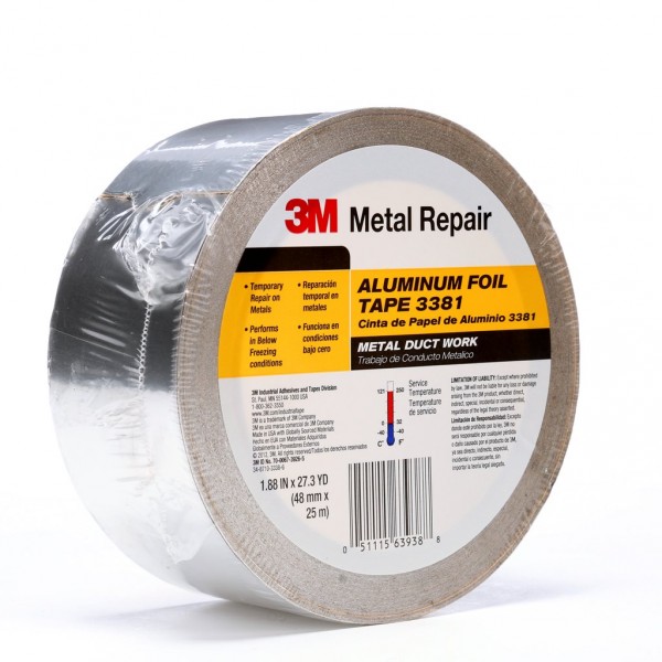 3M™ Aluminum Foil Tape 3381 Silver, 48 mm x 25 m 2.7 mil, 24 rolls per case