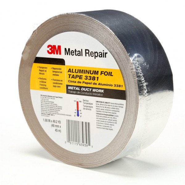 3M™ Aluminum Foil Tape 3381 Silver, 48 mm x 45 m 2.7 mil, 24 rolls per case