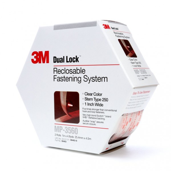 3M™ Dual Lock™ Reclosable Fastener MP3560 250 Clear, 1 in x 4.9 yd, 0.22 in engaged thickness, 2 per pack 5 per case, Boxed