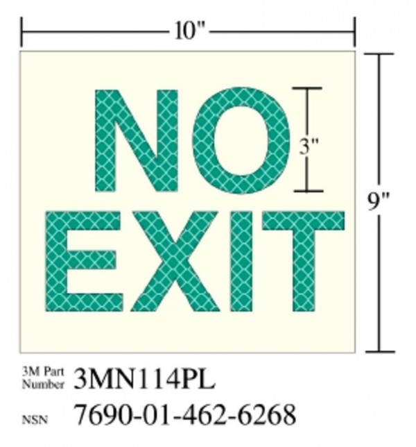 3M™ Photoluminescent Film 6900, Shipboard Sign 3MN114PL, 10 in x 9 in, NO EXIT, 10/pkg