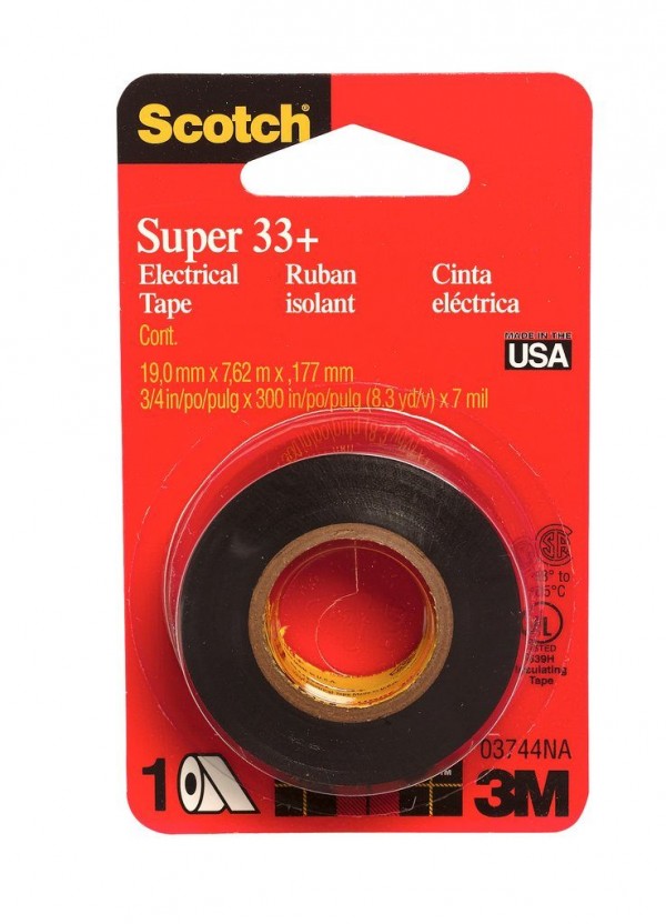 Scotch® Super 33+ Vinyl Electrical Tape, 03744NA, 3/4 in x 25 ft x 7 mil (19 mm x 7,62 m x ,177 mm), 24/cs