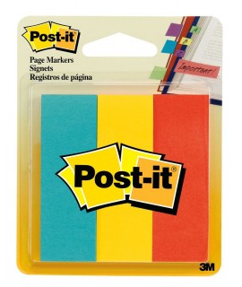 Post-it® Page Markers 5222, 1 in x 3 in x in (22,2 mm x 73 mm), Assorted Colors, 3 Pads/Pack, 50 Sheets/Pad