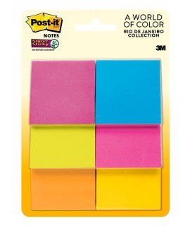 Post-it® Super Sticky Notes 622-6SSAU, 2 in x 2 in (47.6 mm x 47.6 mm) Rio de Janeiro Collection, 6 Pads/Pack, 45 Sheets/Pad