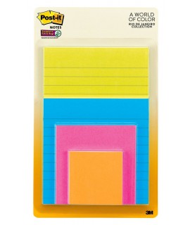 Post-it® Super Sticky Notes 4622-SSAU, Multi Sizes, Rio de Janeiro Collection, Lined and Unlined Notes, 4 Pads/Pack, 45 Sheets/Pad