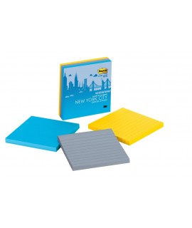 Post-it® Super Sticky Notes 675-3SSNY, 4 in x 4 in (101 mm x 101 mm),New York Collection, Lined, 4 in x 4 in, 3 Pads/Pack, 70 Sheets/Pad