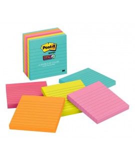 Post-it® Super Sticky Notes 675-6SSMIA, 4 in x 4 in (101 mm x 101 mm), Miami collection, 6 Pads/Pack, 90 Sheets/Pad, Lined