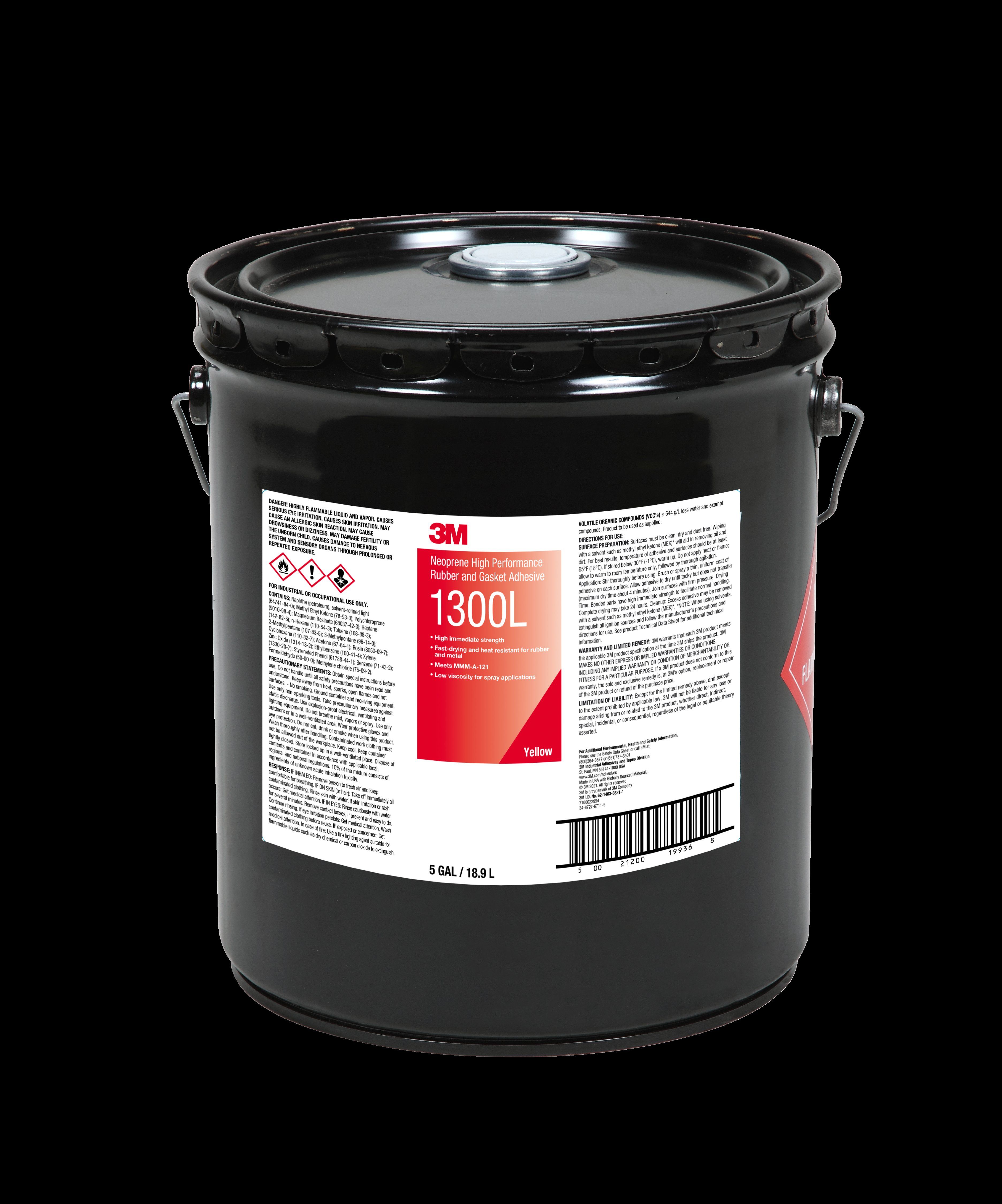 3M™ Neoprene High Performance Rubber and Gasket Adhesive 1300L, Yellow, 5 Gallon Pour Spout (Pail), Drum